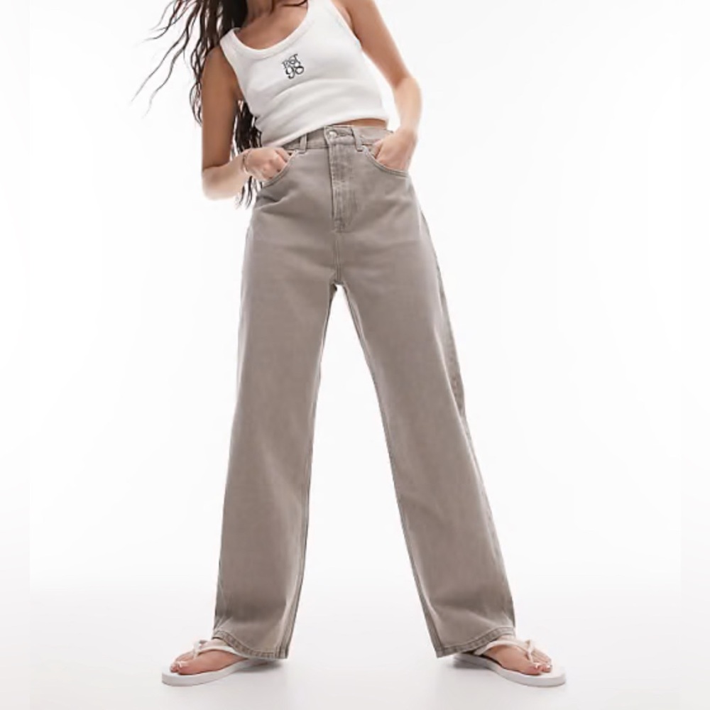 Topshop Wide Leg High-Rise Jeans in Taupe
